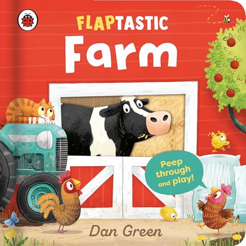 Farm animals peek from a red barn in a children’s book.