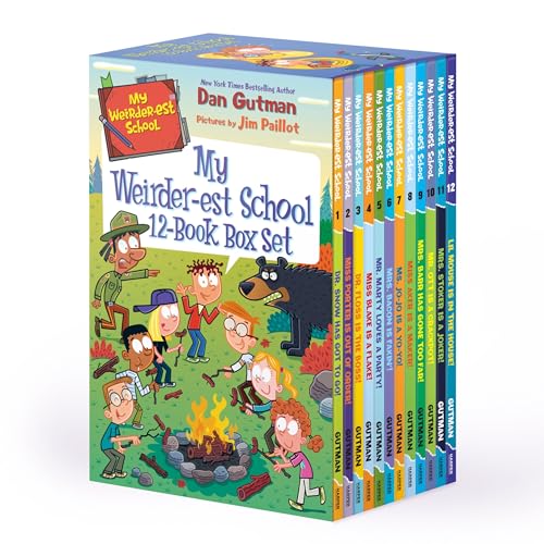 Twelve colorful "My Weirder-est School" books stacked together, illustrated covers.