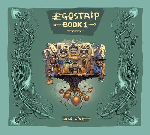Book cover: “Egostrip: Book 1” with illustrated cityscape and figures.
