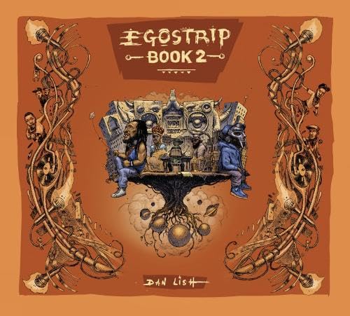 Book cover with orange background, illustrated hip-hop figures, and intricate microphone vine borders.