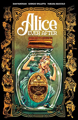 “Alice Ever After” book cover: Alice inside a bottle, ornate gold frame.