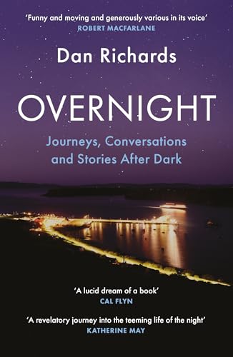 Book cover: “Overnight” with a purple night sky and coastal lights.