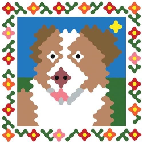 Folk art style illustration of a white and brown dog with flowers.
