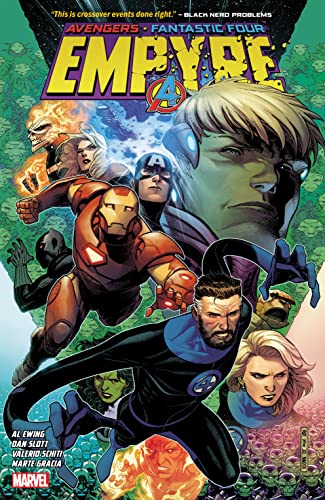 Comic book cover featuring Avengers and Fantastic Four heroes in action.