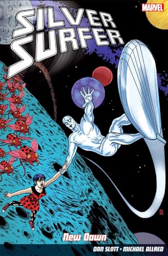 Silver Surfer on surfboard, reaching for a woman amidst a cosmic scene.