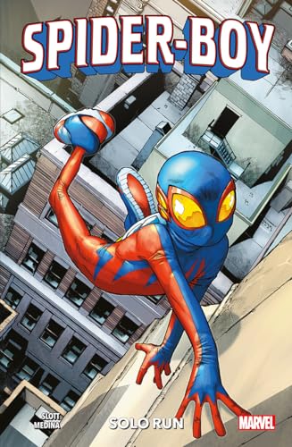 Spider-Boy in a red and blue suit crawls on a building rooftop.
