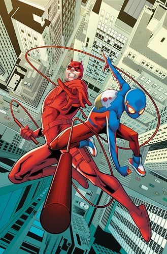 Daredevil and Spider-Boy swing through a city skyline in dynamic poses.