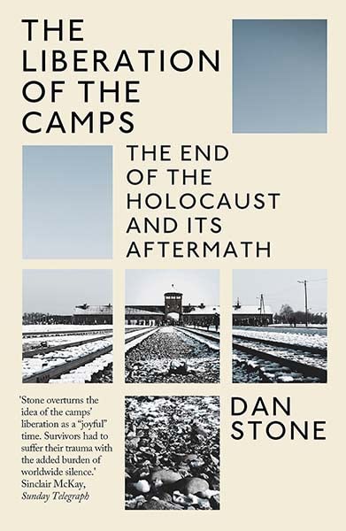 Book cover with black text and black-and-white photos of concentration camps.