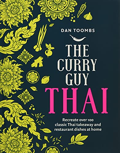 Cookbook cover with yellow floral designs and bold pink “Thai” text.