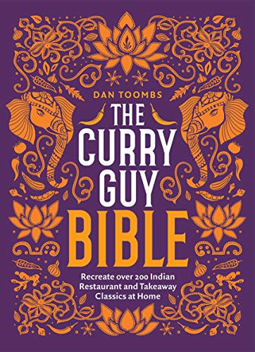 The Curry Guy Bible book cover with orange elephant and floral designs on purple.