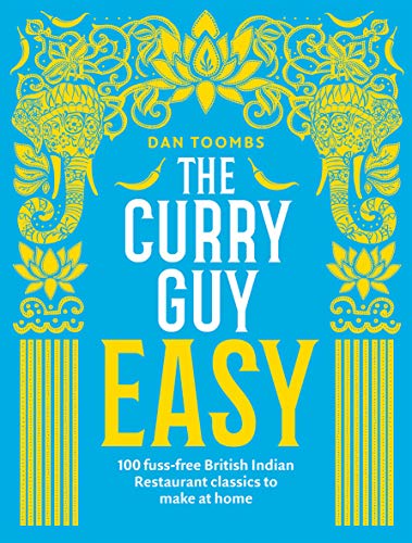 Cookbook cover with yellow floral and elephant designs, titled “The Curry Guy Easy”.