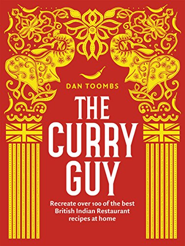 Red cookbook cover with ornate elephants and bold white text: "The Curry Guy".