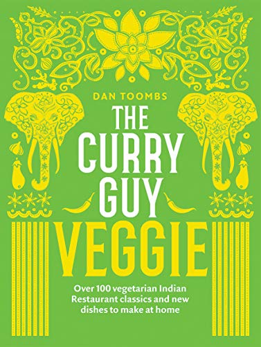 Book cover for The Curry Guy Veggie with green background and yellow elephant illustrations.