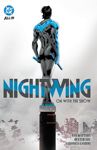 Nightwing stands on a pole overlooking a city on this comic book cover.