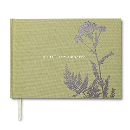 Green memorial album with floral illustration and title "A Life Remembered".