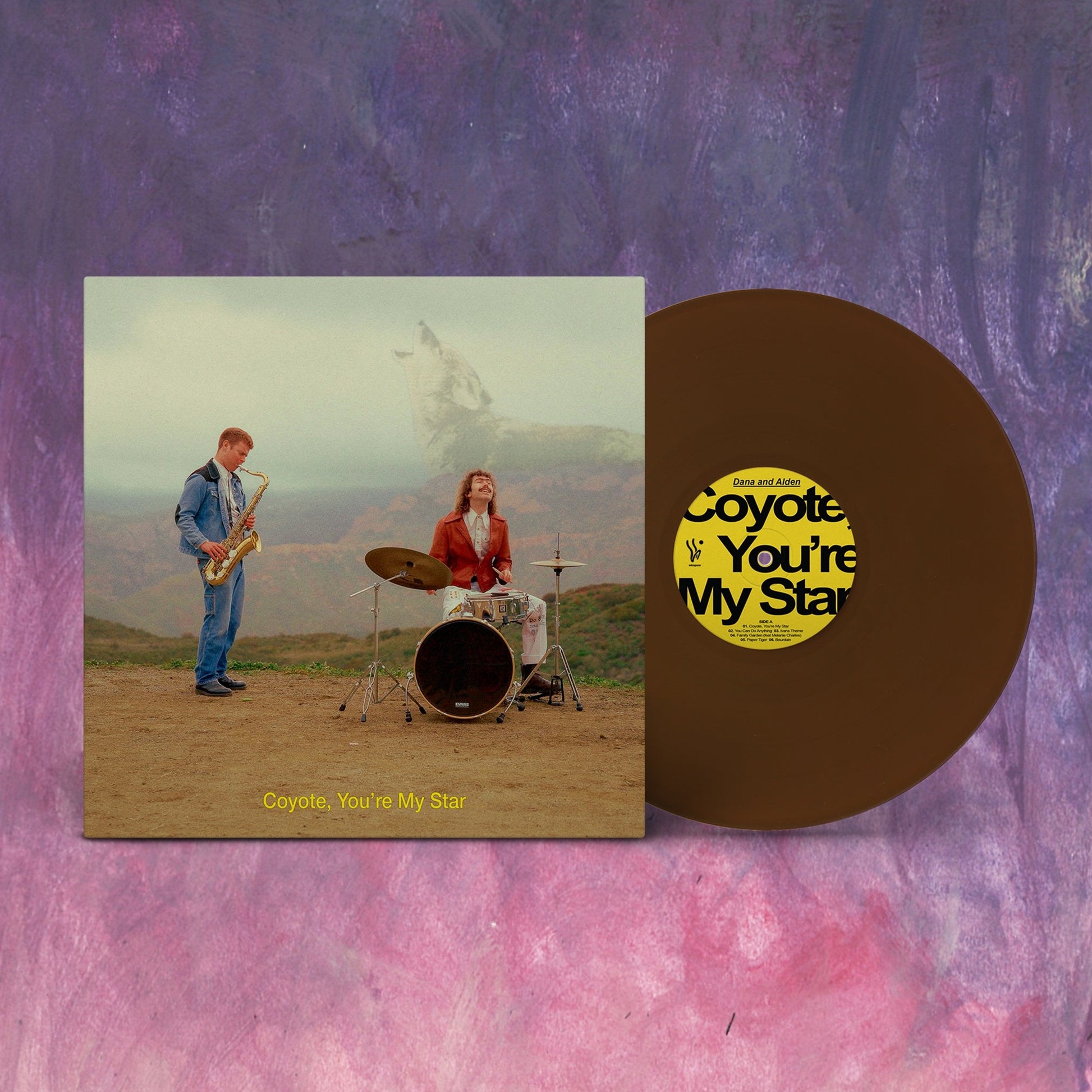 Vinyl record with album cover showing musicians playing instruments outdoors.
