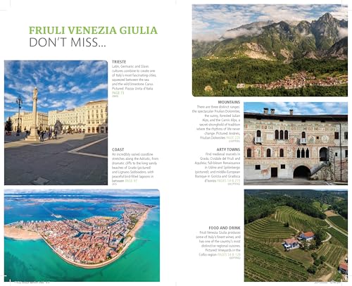 Travel guide spread showcasing landscapes and cityscapes of Friuli Venezia Giulia, Italy.