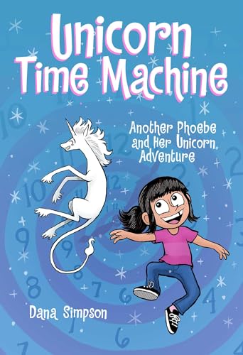 Book cover with a girl, a unicorn, and a clock background.