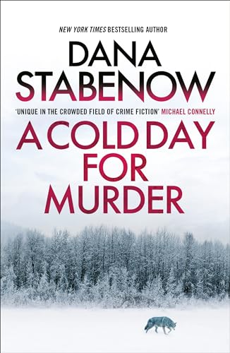 Book cover: snowy forest, wolf, red title "A Cold Day for Murder".