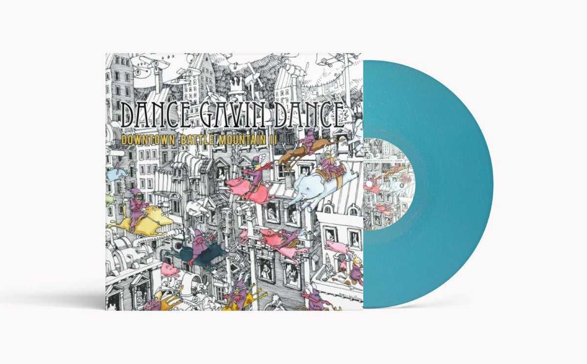 Dance Gavin Dance album cover with illustrated city and teal vinyl record.