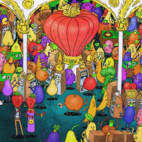 Colorful cartoon fruits and vegetables populate a casino-like scene.