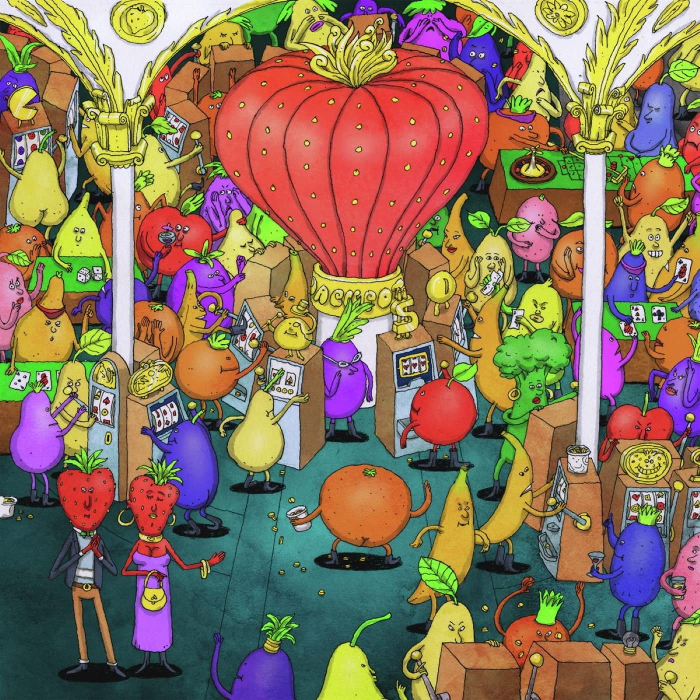 "Colorful cartoon illustration of anthropomorphic fruits in a casino-like setting with a large strawberry."