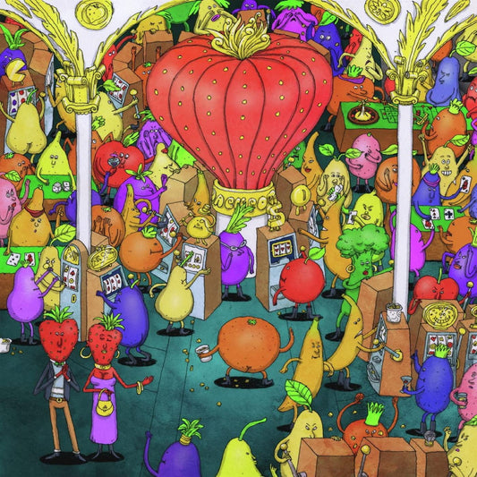 "Colorful cartoon illustration of anthropomorphic fruits in a casino-like setting with a large strawberry."