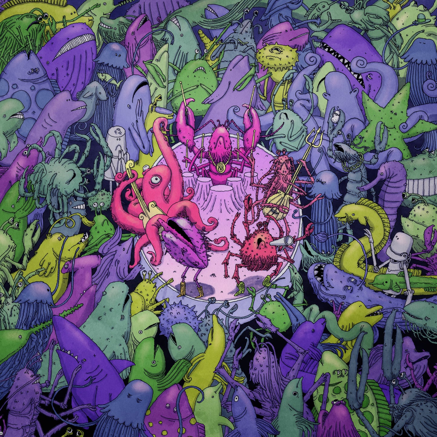 Colorful, detailed illustration of monsters and creatures playing musical instruments.