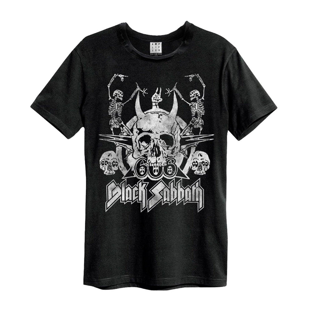 Black t-shirt with a white graphic of dancing skulls and "Black Sabbath".