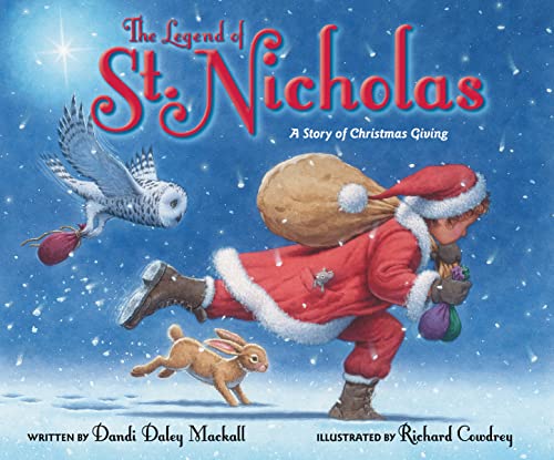 Child in red suit carrying a sack, with owl and hare.