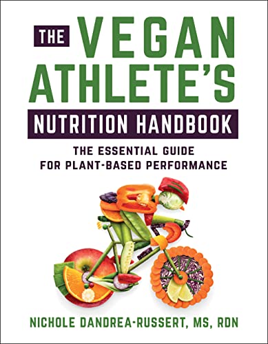 Book cover with title "The Vegan Athlete" and colorful vegetable illustration.