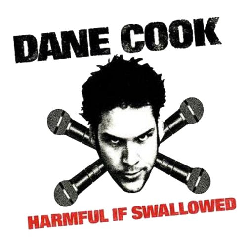 Dane Cook album cover with crossed microphones and bold red text.