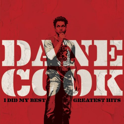 Red album cover with Dane Cook holding a microphone, wearing a white shirt.