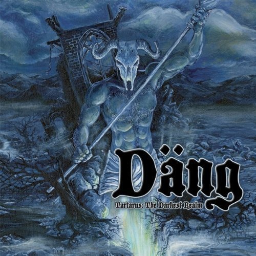 "Album cover art featuring a muscular, horned figure holding a spear in a dark landscape."