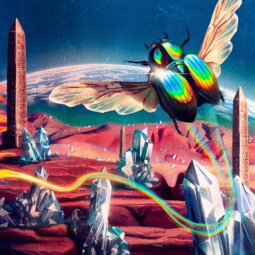 Colorful scarab beetle flies over a landscape with obelisks and crystals.