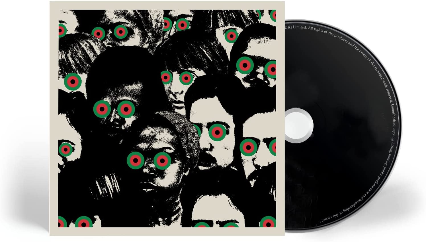"Album cover with black and white illustration, red and green eyes, beige border."