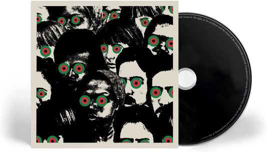 "Album cover with black and white illustration, red and green eyes, beige border."
