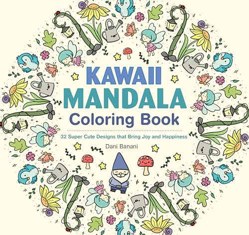 Kawaii Mandala Coloring Book cover featuring cute illustrated fairies, flowers, and garden items.
