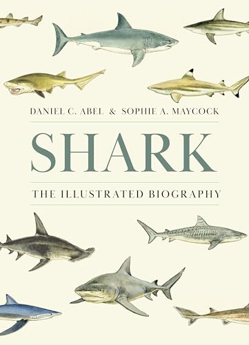 Book cover titled Shark: The Illustrated Biography featuring various hand-drawn shark illustrations on cream background.