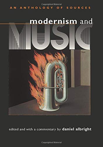 Book cover: “Modernism and Music” with a burning tuba illustration.