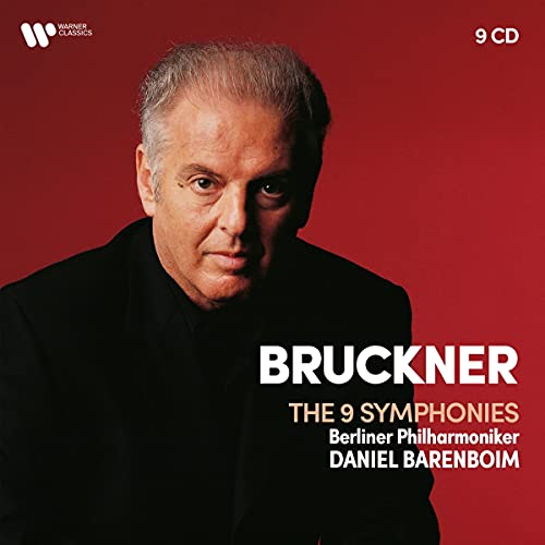 Daniel Barenboim portrait on a red background, "Bruckner: The 9 Symphonies" CD cover.