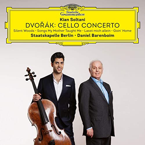Kian Soltani and Daniel Barenboim with a cello, album cover art.