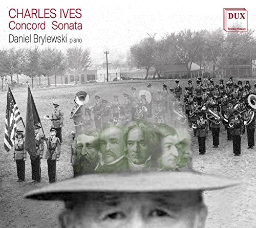 "CD cover with black and white marching band image and superimposed portraits."