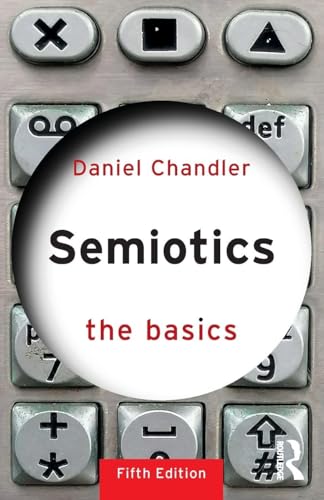 Book cover: "Semiotics: The Basics" with calculator key background.