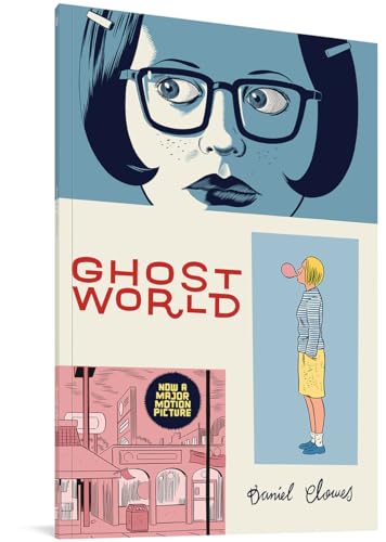 Ghost World" book cover with illustrated girl in glasses and city scene.