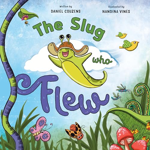 Green slug with a mushroom cap “flying” among birds and plants.