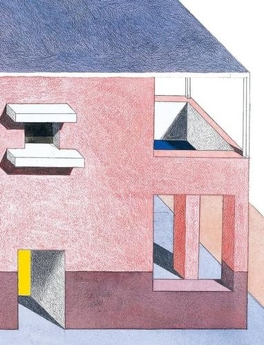 Stylized pink building facade with geometric shapes and blue roof detail.