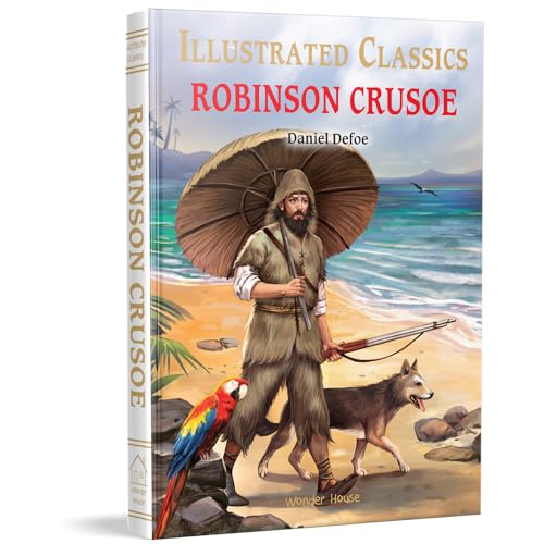 Book cover of “Robinson Crusoe” depicting a man with a parrot and dog.