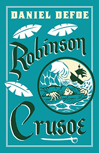 Book cover for Robinson Crusoe by Daniel Defoe featuring a shipwreck illustration on teal.