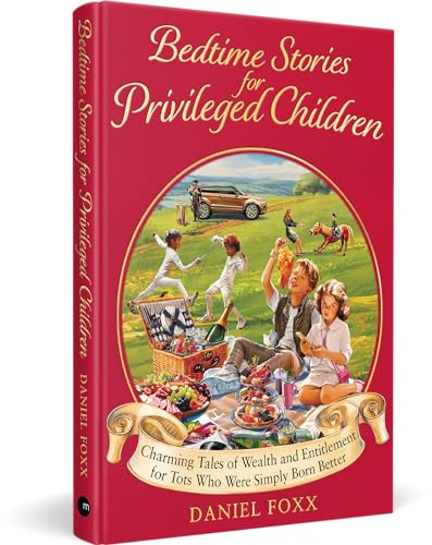 Red book cover depicting a picnic scene with children and luxury items.